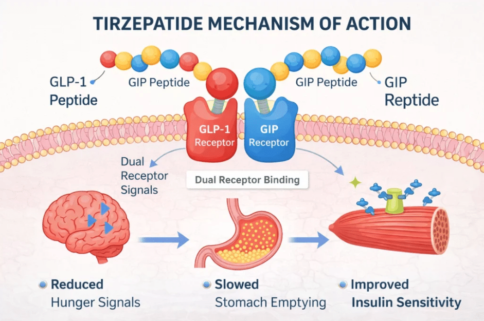 Medical style body diagram showing appetite and metabolic pathways