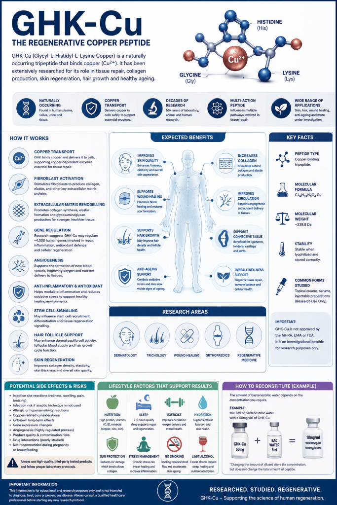 Infographic explaining why GHK CU copper peptide is and how it works when researched