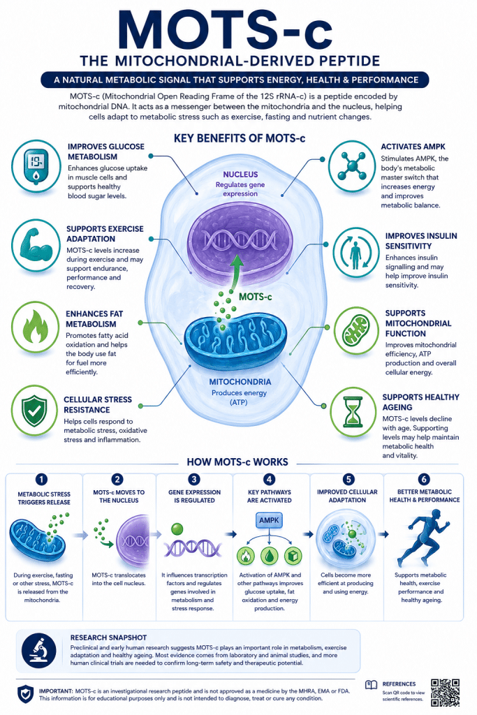 in infographic detailing the key benefits of mots-c and an explanation of how it works